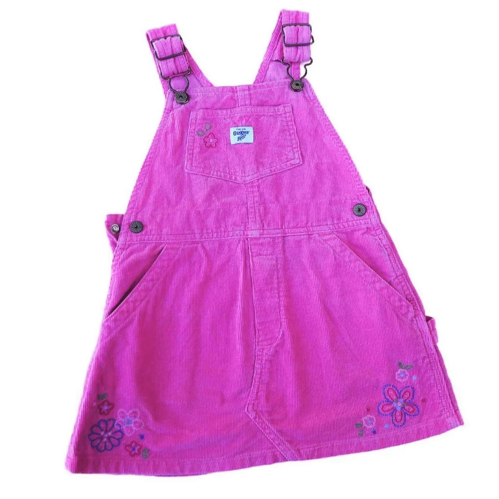 OshKosh B'Gosh Pink Corduroy Overalls Jumper Bibs Floral Embroidery Cotton 4T
